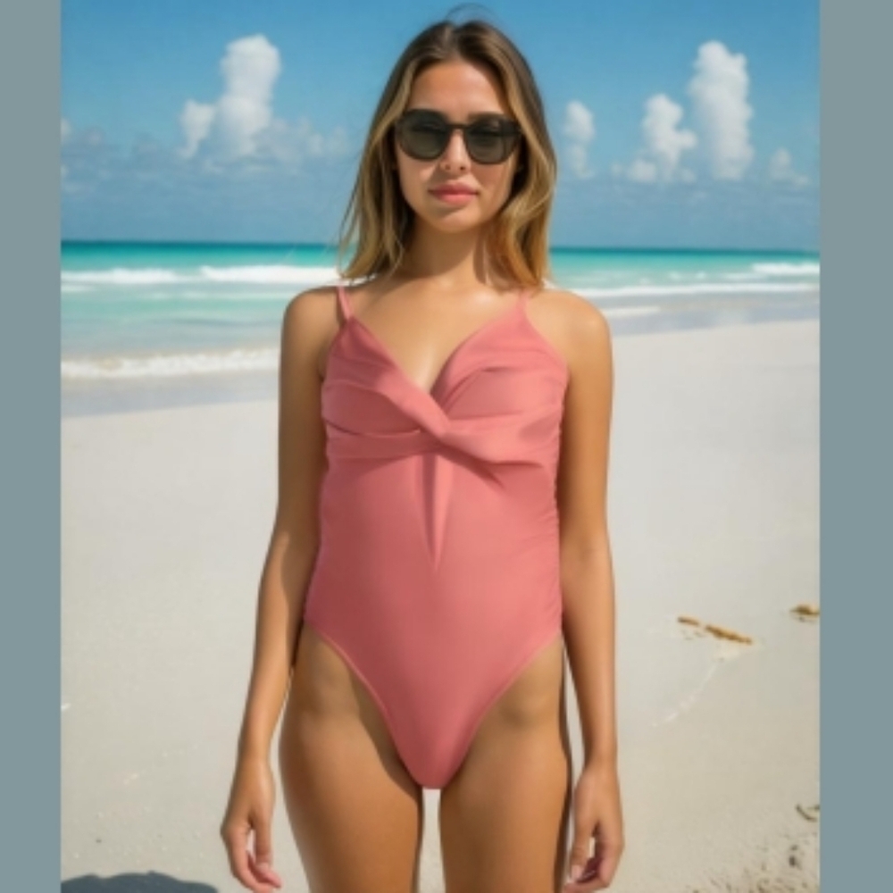 Catherine malandrino 1PC criss cross scoop w/ ruching flamingo pink swim XL